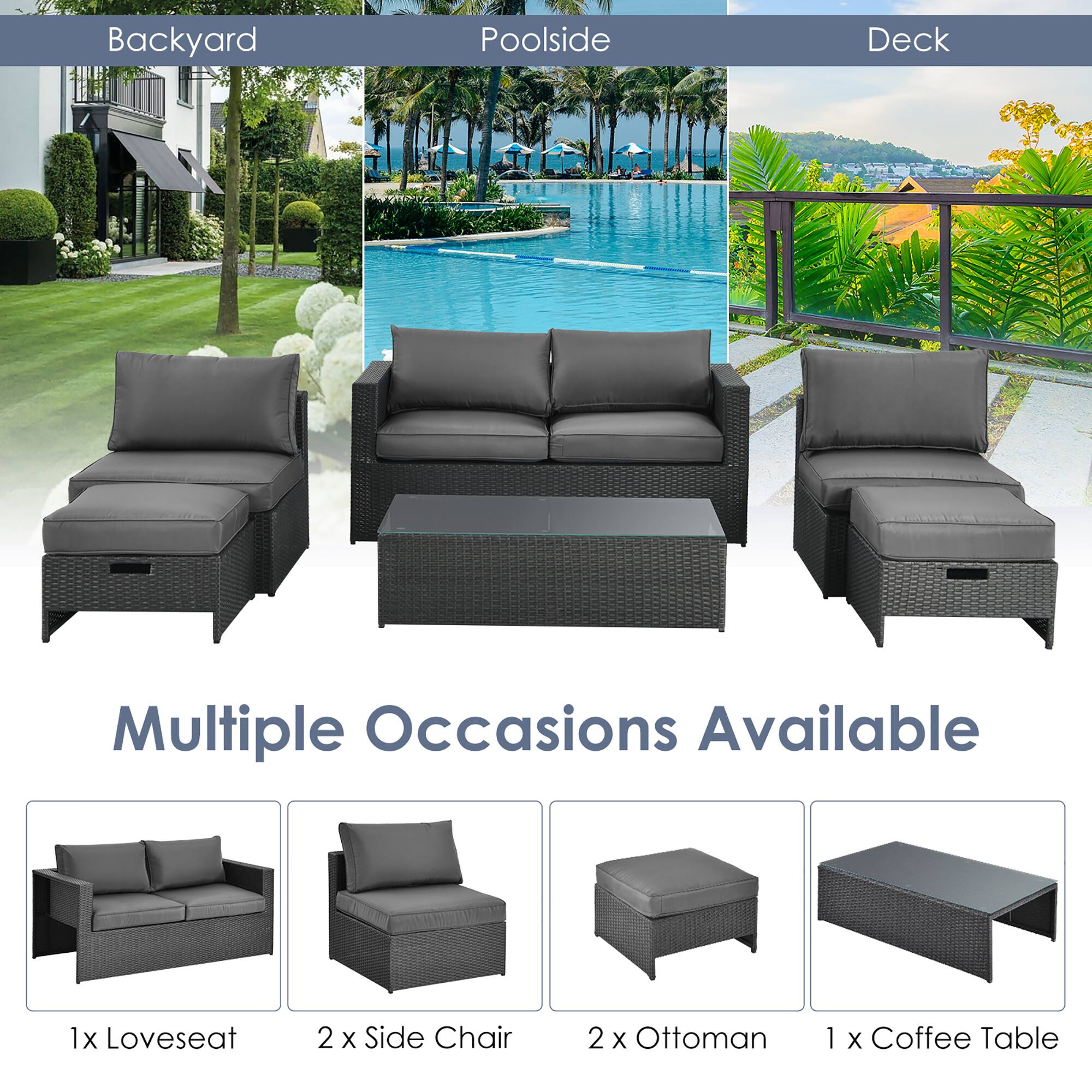 Backyard Poolside Deck Multiple Occasions Available 1x Loveseat 2 x Side Chair 2 x Ottoman 1 X Coffee Table