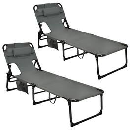 Gymax - Set of 2 Beach Chaise Lounge Chair Folding Reclining Chair w/ Facing Hole Grey - Gray