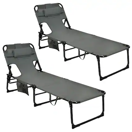 Front. Costway - Costway Set of 2 Beach Chaise Lounge Chair Folding Reclining Chair with Facing Hole - Grey.