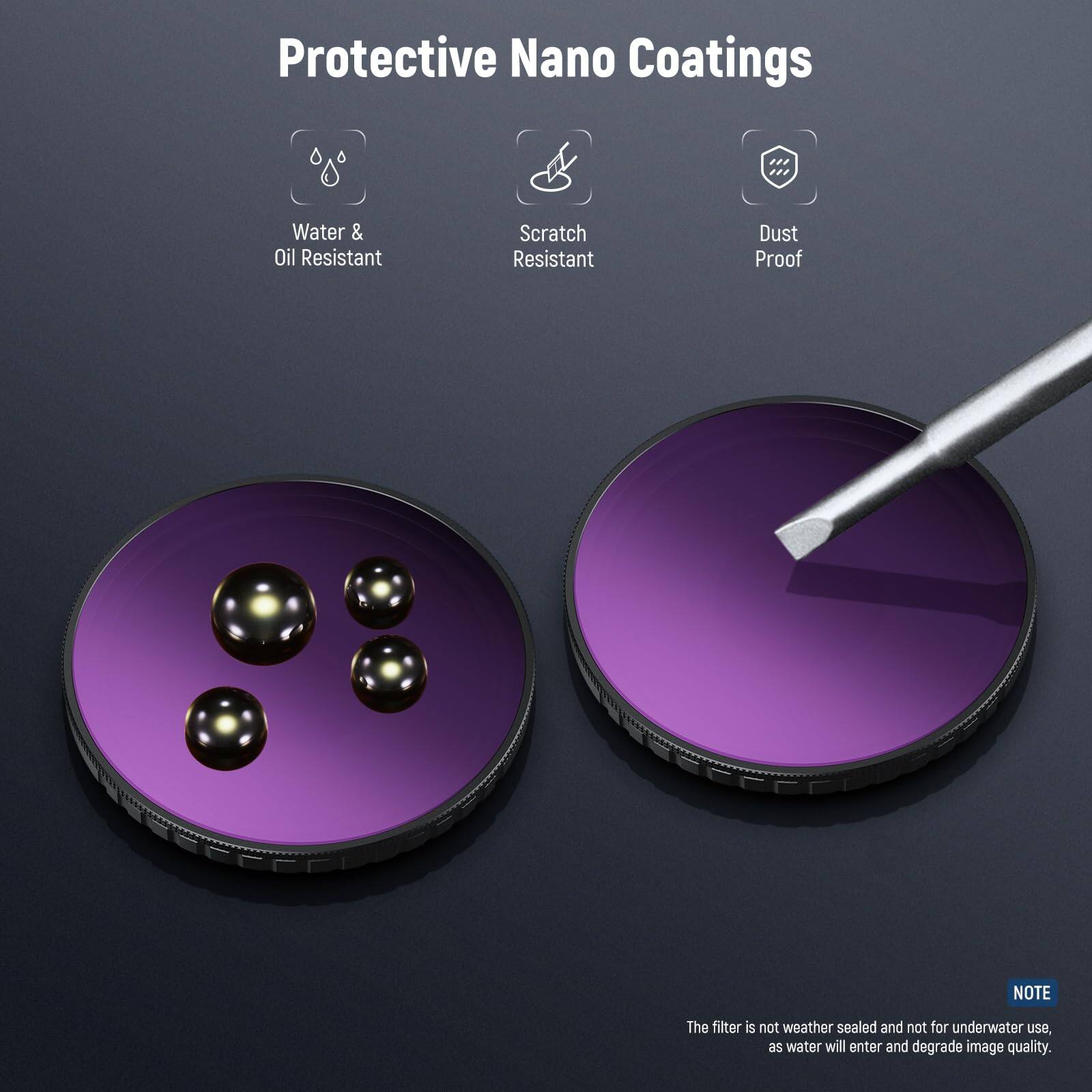 Protective Nano Coatings

- Water & Oil Resistant
- Scratch Resistant
- Dust Proof

NOTE: The filter is not weather sealed and not for underwater use, as water will enter and degrade image quality.