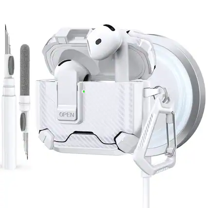 Front. Dteck - Case for Apple AirPods 4th Gen with Magnetic Lock,Compatible with Mag Safe,Carbon Fiber Texture Cover with Carabiner - Whitewhite.