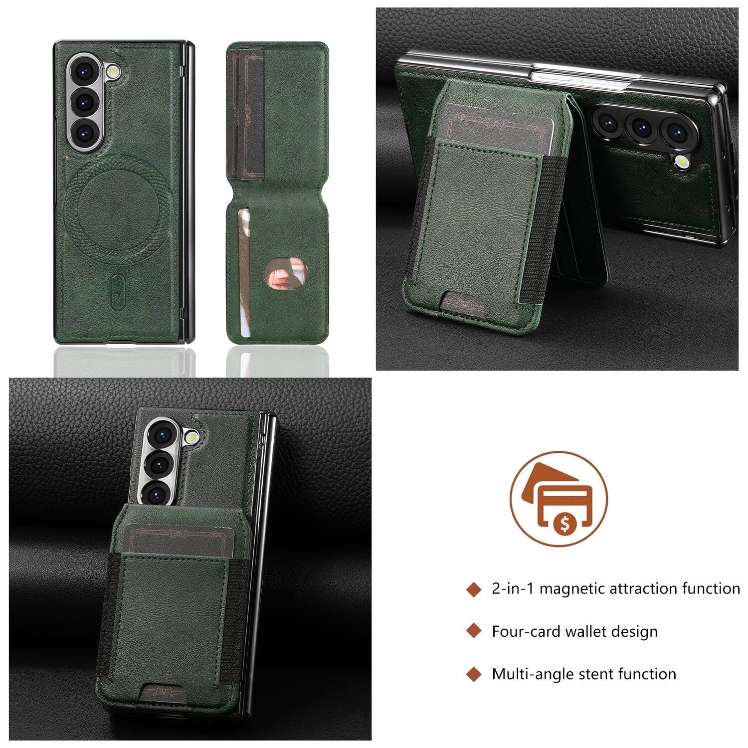 - 2-in-1 magnetic attraction function
- Four-card wallet design
- Multi-angle stent function