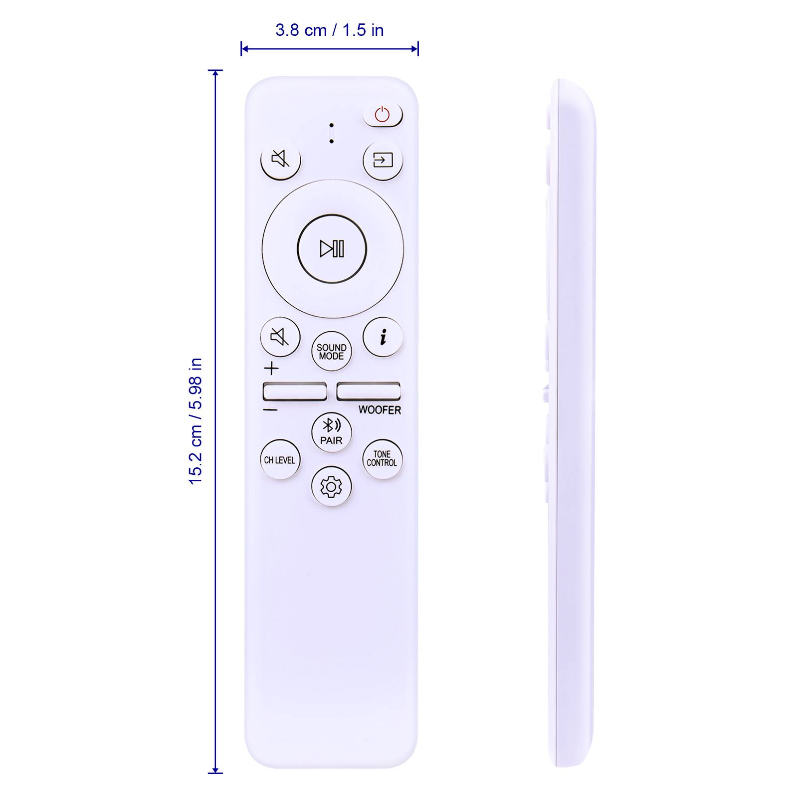 3.8 cm / 1.5 in  
15.2 cm / 5.98 in  

- SOUND MODE  
- WOOFER  
- PAIR  
- CH LEVEL  
- TONE CONTROL  
- i  
- +  
- -