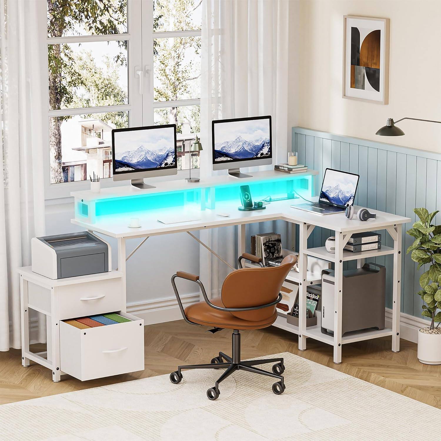 Angle. GTPlayer - 70 inch L-Shaped LED Gaming Desk with Power Outlet Computer Desk - AllWhite.