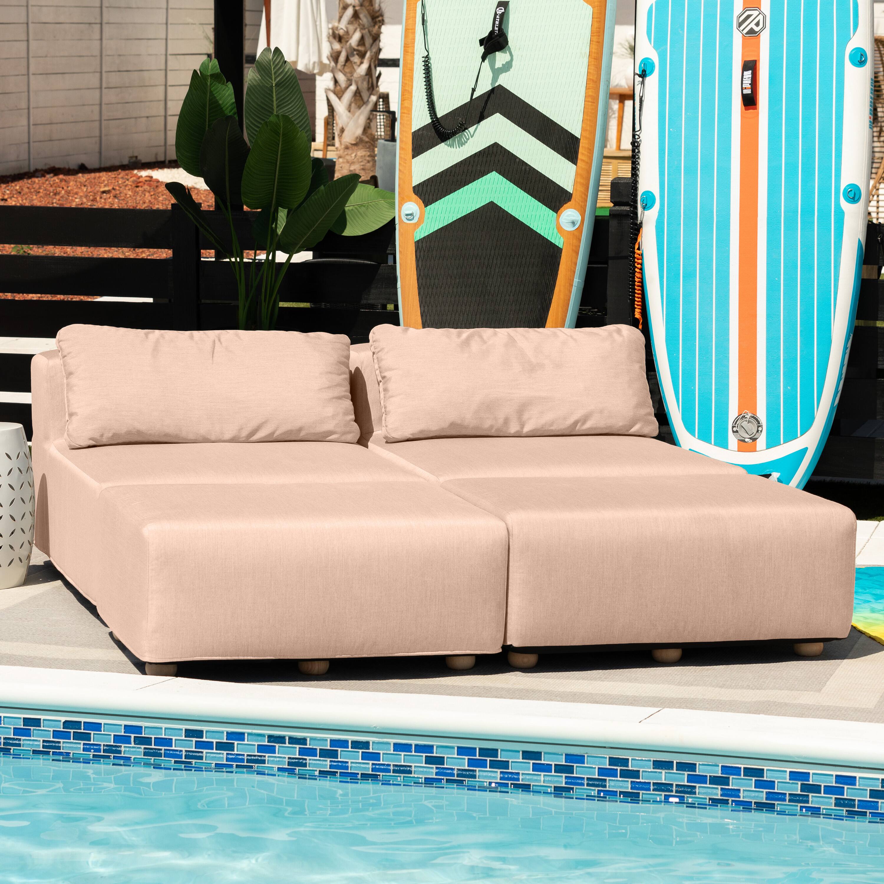 Angle. Jaxx - Jaxx Vada Outdoor Sun Lounger Luxury Modular Chaise & Ottoman w/ Sunbrella Fabric & Waterproof Cover, Sunbrella Petal - Petal.