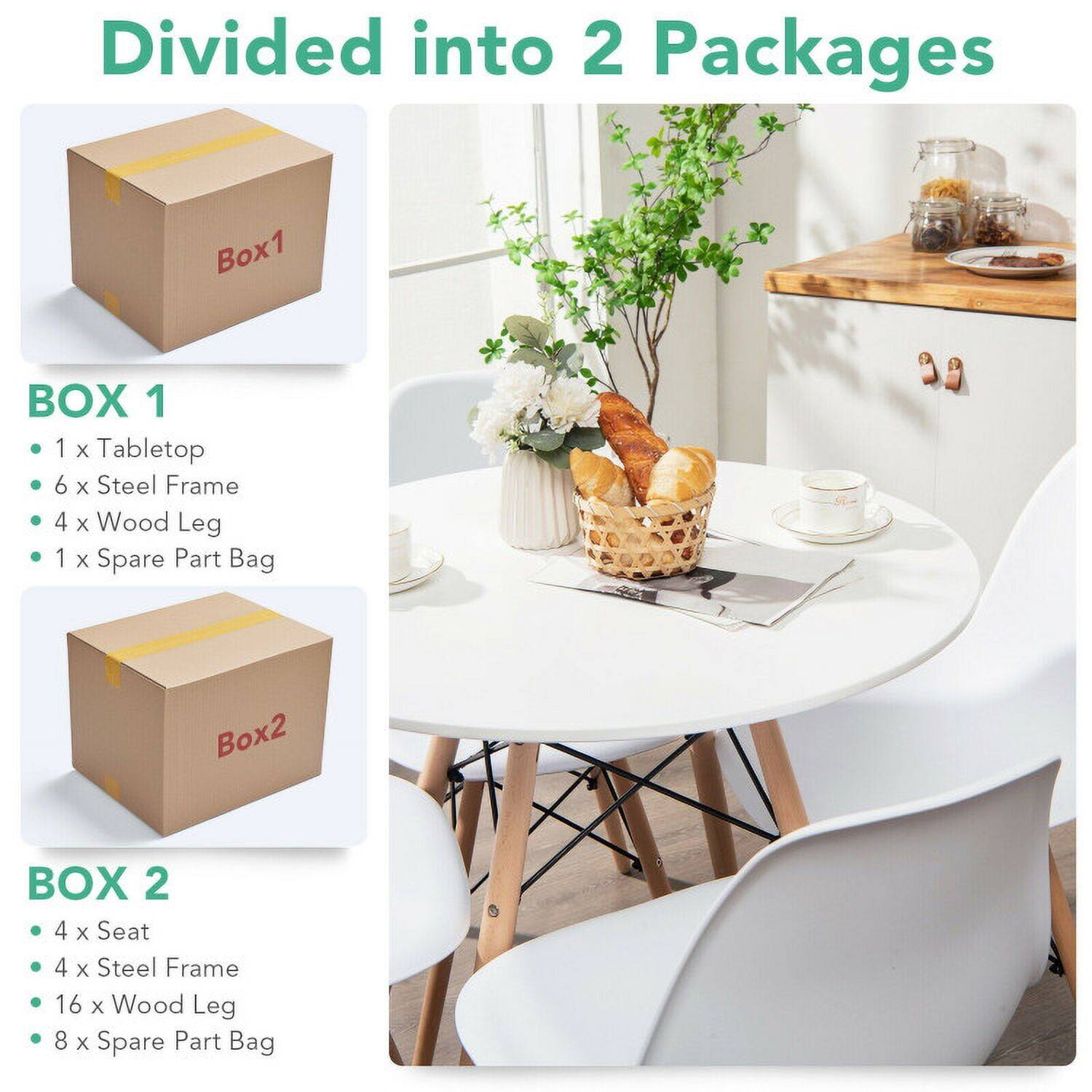 Divided into 2 Packages

BOX 1
- 1 x Tabletop
- 6 x Steel Frame
- 4 x Wood Leg
- 1 x Spare Part Bag

BOX 2
- 4 x Seat
- 4 x Steel Frame
- 16 x Wood Leg
- 8 x Spare Part Bag