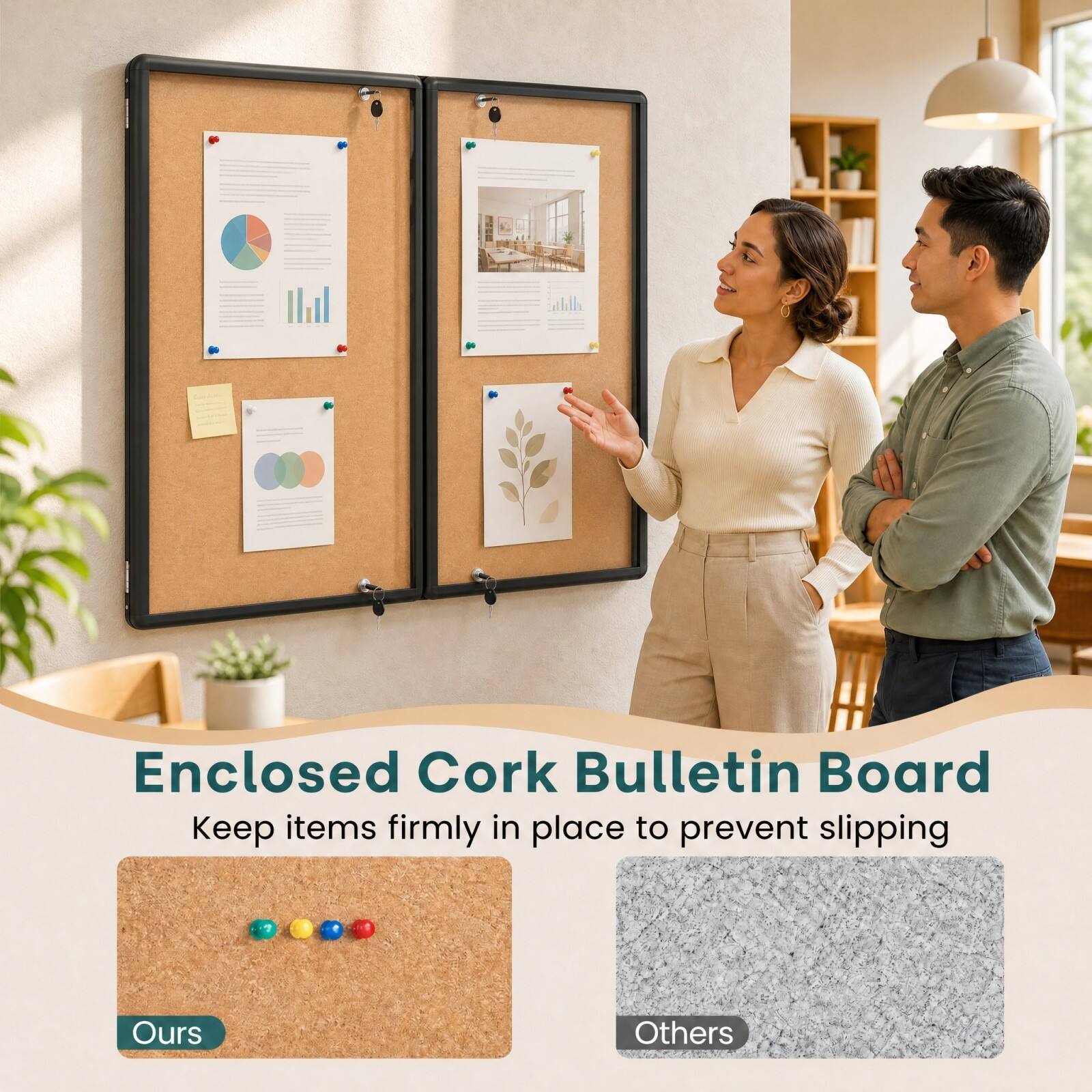 Enclosed Cork Bulletin Board  
Keep items firmly in place to prevent slipping

Ours  
Others