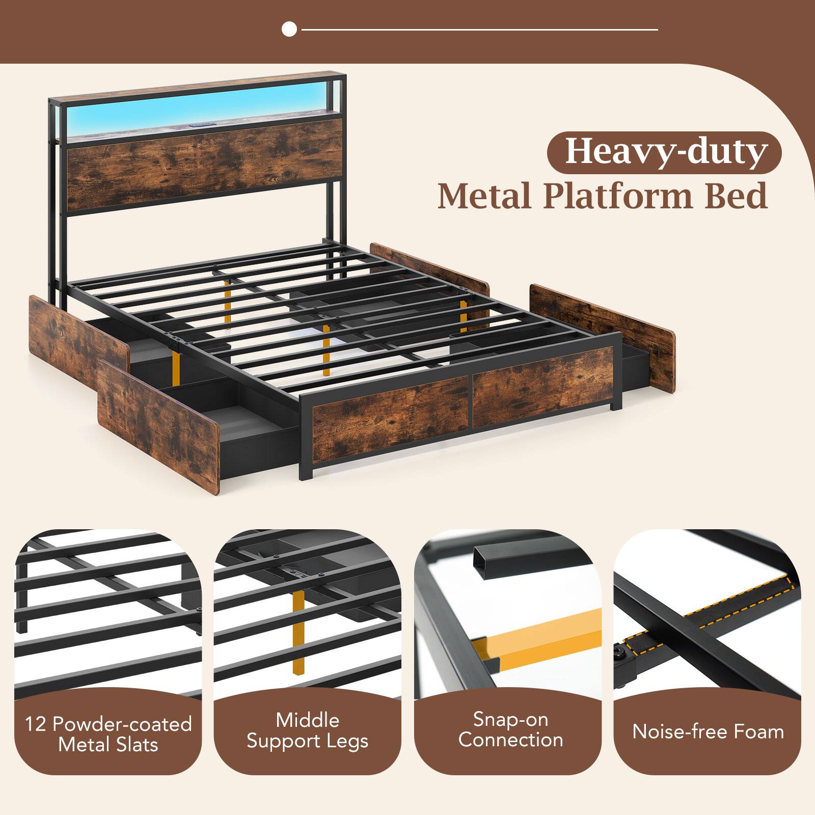 Heavy-duty Metal Platform Bed

- 12 Powder-coated Metal Slats
- Middle Support Legs
- Snap-on Connection
- Noise-free Foam