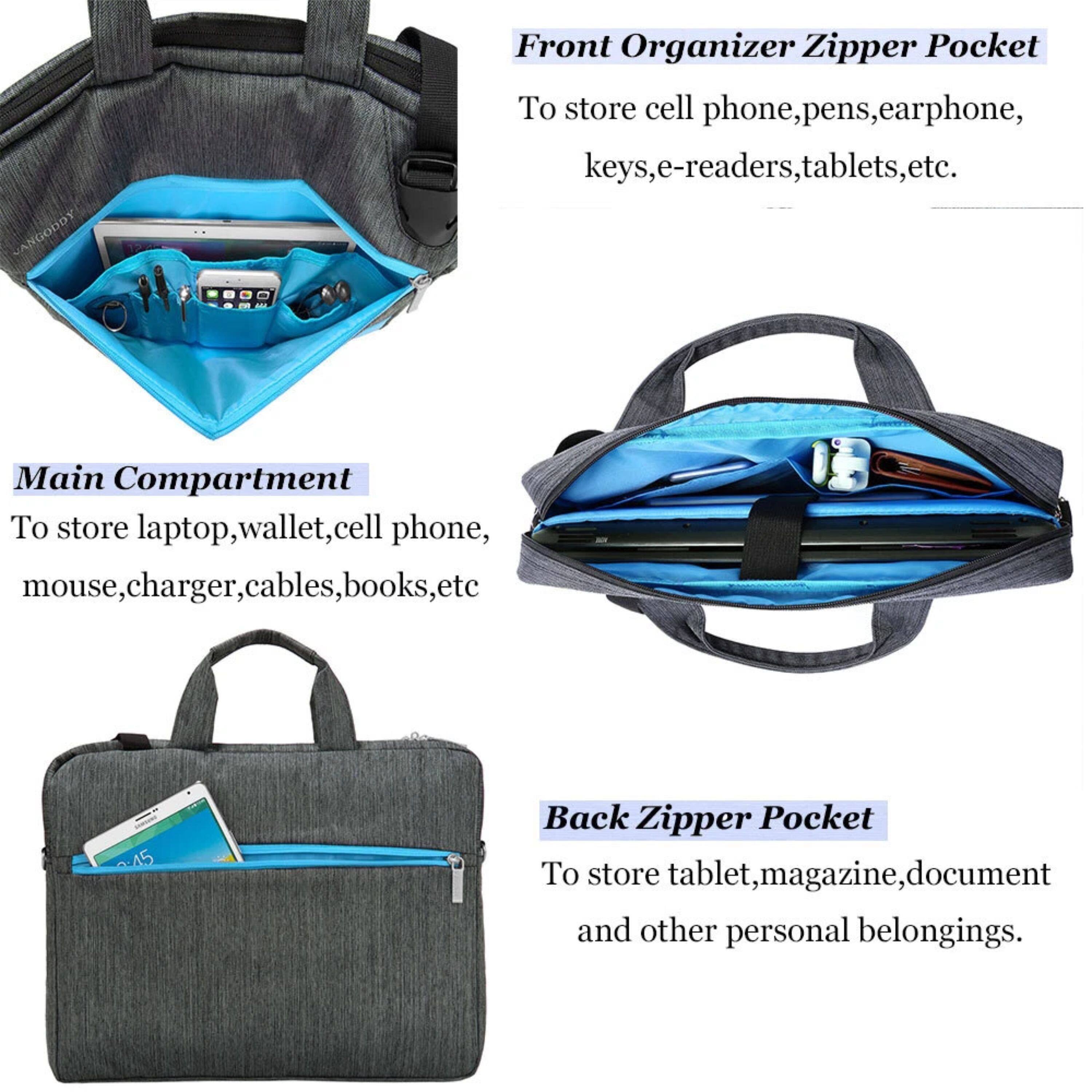 Front Organizer Zipper Pocket  
To store cell phone, pens, earphone, keys, e-readers, tablets, etc.

Main Compartment  
To store laptop, wallet, cell phone, mouse, charger, cables, books, etc.

Back Zipper Pocket  
To store tablet, magazine, document and other personal belongings.
