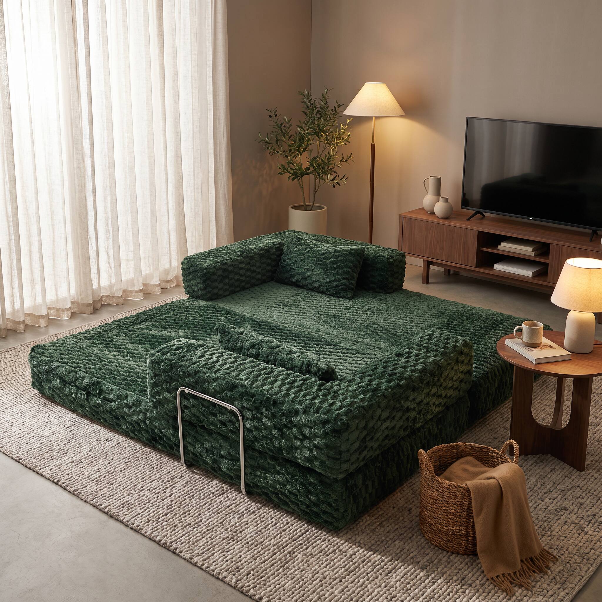Left. Famapy - Convertible Folding Sofa Bed Couch 2-in-1 Loveseat with Plush Fabric Detachable Metal Support Brackets for Living Room - Dark Green.