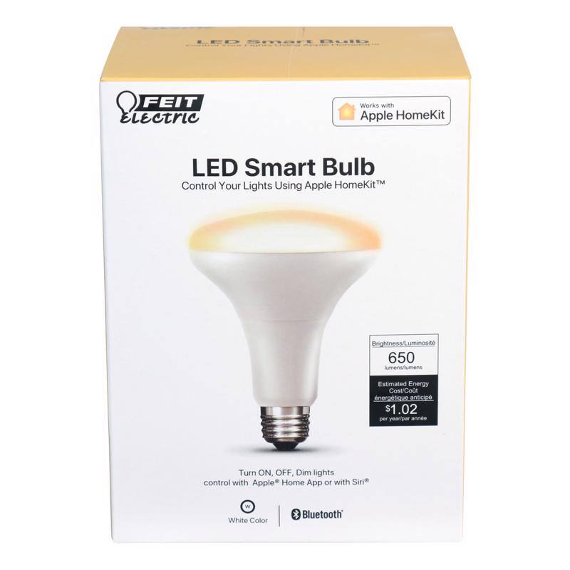 LED Smart Bulb  
FEIT Electric  
Works with Apple HomeKit  
Control Your Lights Using Apple HomeKit™  

Brightness/Luminosity: 650 lumens  
Estimated Energy Cost: $1.02 per year  

Turn ON, OFF, Dim lights control with Apple® Home App or with Siri®  
White Color  
Bluetooth®