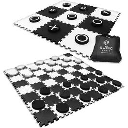 Swooc Games - 2-in-1 Premium Giant Checkers & Tic Tac Toe Game (4ft x 4ft) - Checkerboard High Density EVA Foam Mat & Pieces w/ Bag - Black