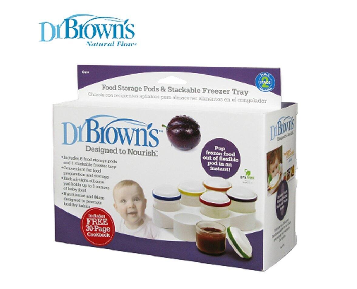 Dr. Brown's Natural Flow

Food Storage Pods & Stackable Freezer Tray

Designed to Nourish:
- Includes 6 food storage pods and 1 stackable freezer tray
- Convenient for food preparation and storage
- Each pod holds up to 3 ounces of baby food
- Natural and BPA-free, designed to promote healthy habits
- Includes a FREE 30-Page Cookbook

Pop frozen food out of flexible pod in an instant!

Chacolas con recintos y estanques para almacenar alimentos en el congelador