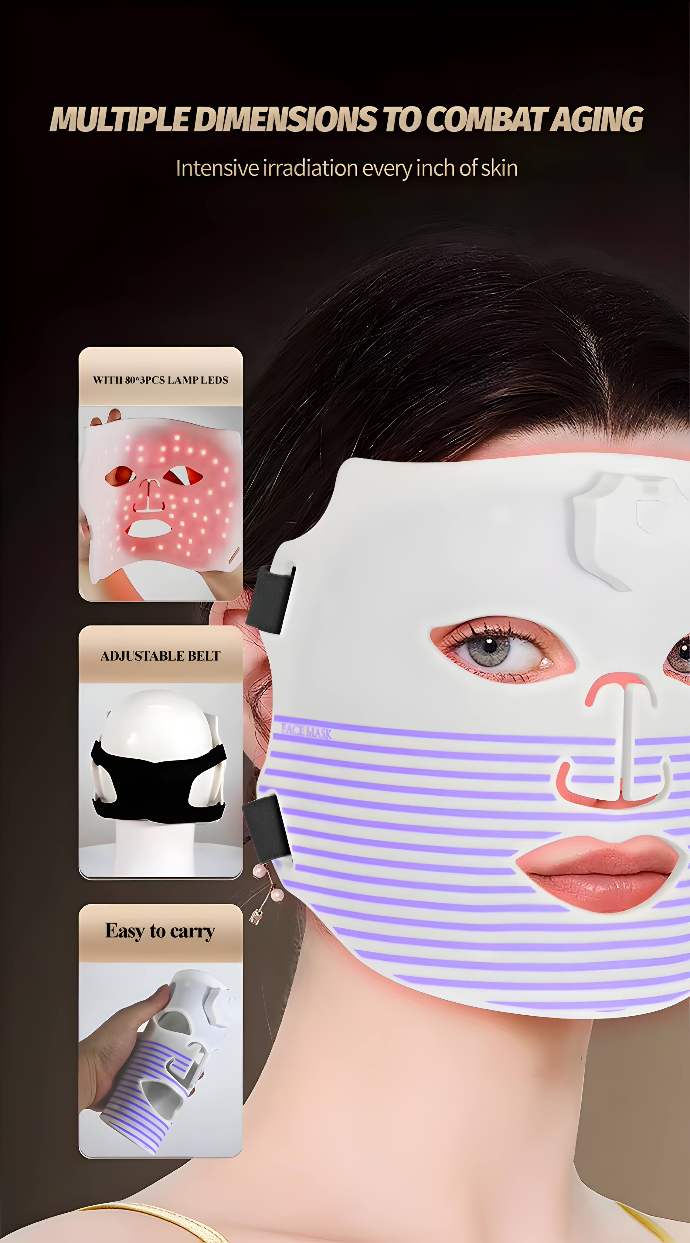 MULTIPLE DIMENSIONS TO COMBAT AGING  
Intensive irradiation every inch of skin  

WITH 80+PCS LAMP LEDS  
ADJUSTABLE BELT  
Easy to carry
