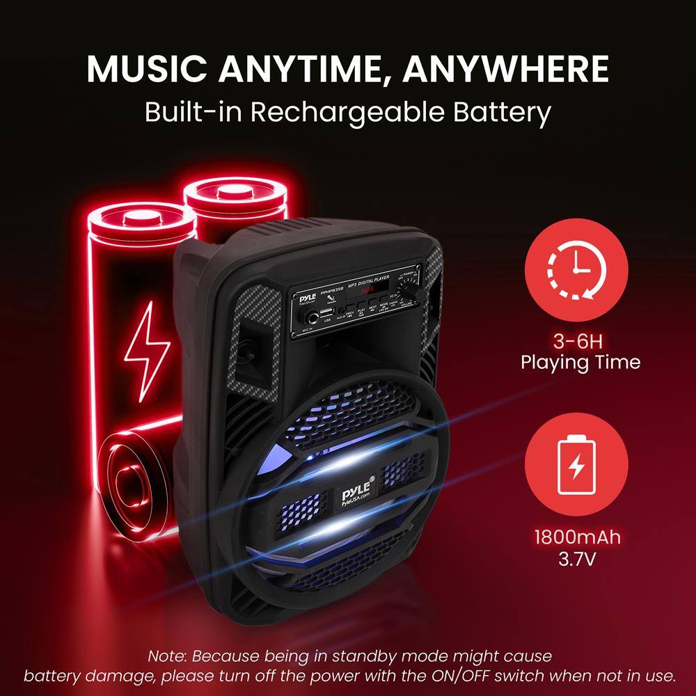 MUSIC ANYTIME, ANYWHERE  
Built-in Rechargeable Battery  

3-6H Playing Time  
1800mAh 3.7V  

Note: Because being in standby mode might cause battery damage, please turn off the power with the ON/OFF switch when not in use.