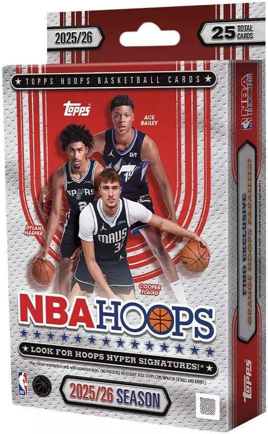2025/26  
TOTAL 25 CARDS  
TOPPS HOOPS BASKETBALL CARDS  
ACE BAILEY  
HOOPS  
LVT  
19 SP RS SIVE DYLAN HARPER MAUS 3 EXCL HOOPS COOPER FLAGG  
LOOK FOR HOOPS HYPER SIGNATURES!  
May contain redemption cards with expiration dates. (NO PURCHASE NECESSARY. VISIT TOPPS.COM/NPN FOR DETAILS AND ENTRY.)  
TOPPS NEA 2025/26 SEASON