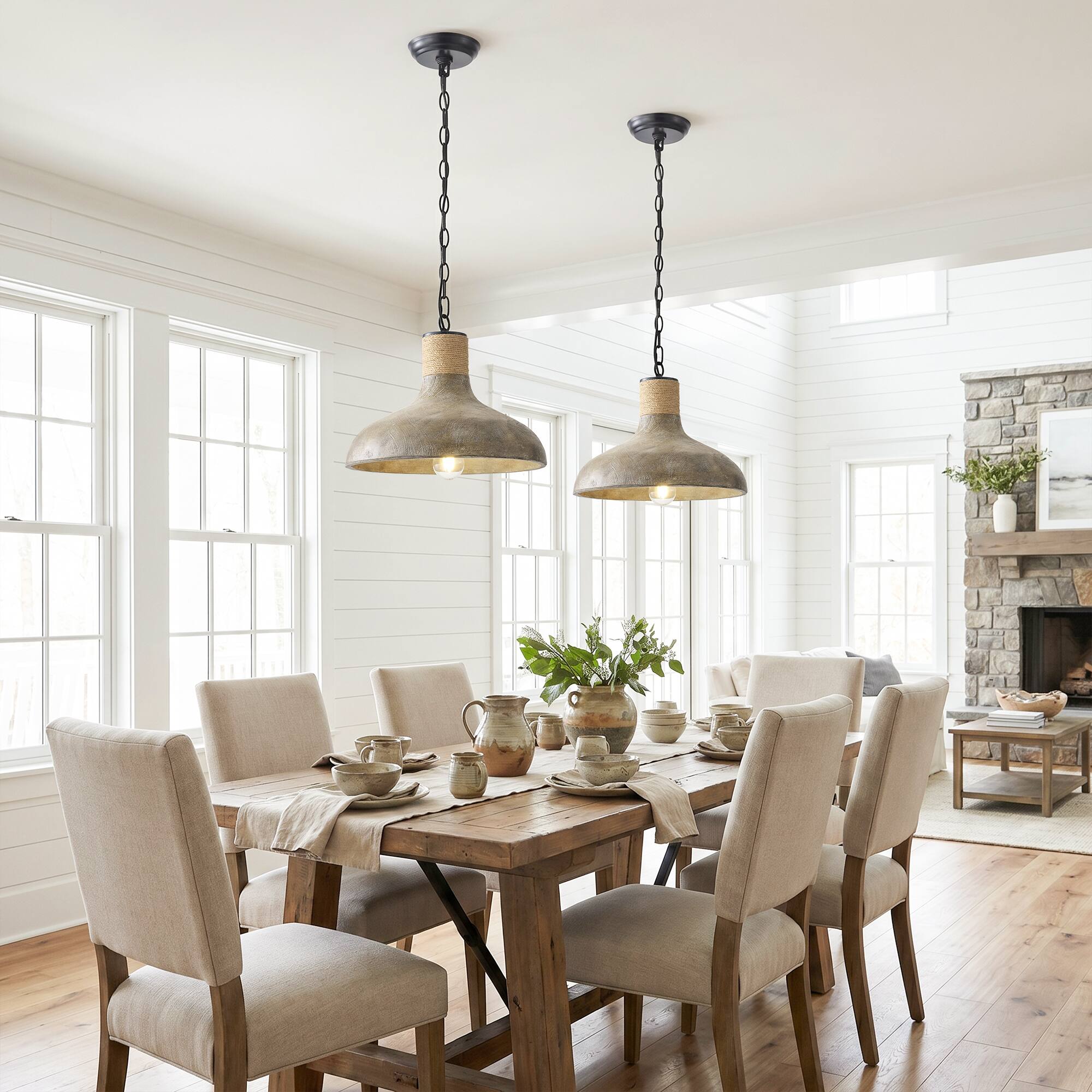 Left. Parrot Uncle - 15" Rustic Farmhouse Natural 1-Light Rope Adjustable Pendant Light for Kitchen Island - Natural.