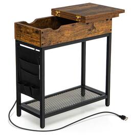 Gymax - End Table with Charging Station Industrial Nightstand Flip Top Side Pocket USB - Rustic Brown + Black
