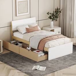GOODSILO - Modern Twin Bed Frame with Storage Drawers and High Gloss Finish - White+Light Oak