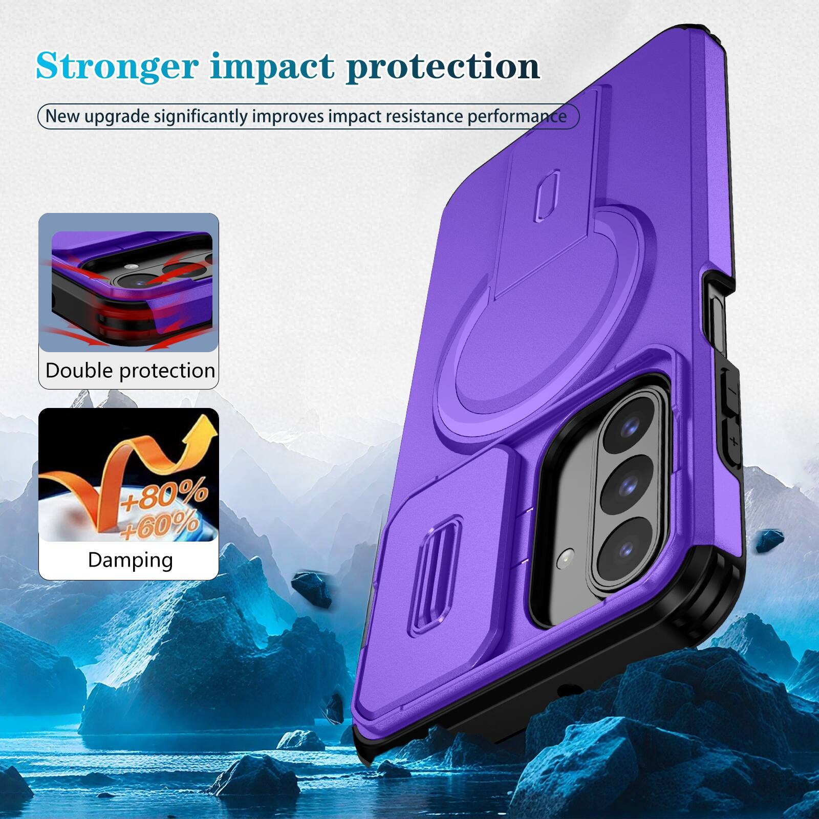 Stronger impact protection  
New upgrade significantly improves impact resistance performance  

Double protection  
+80% +60% Damping