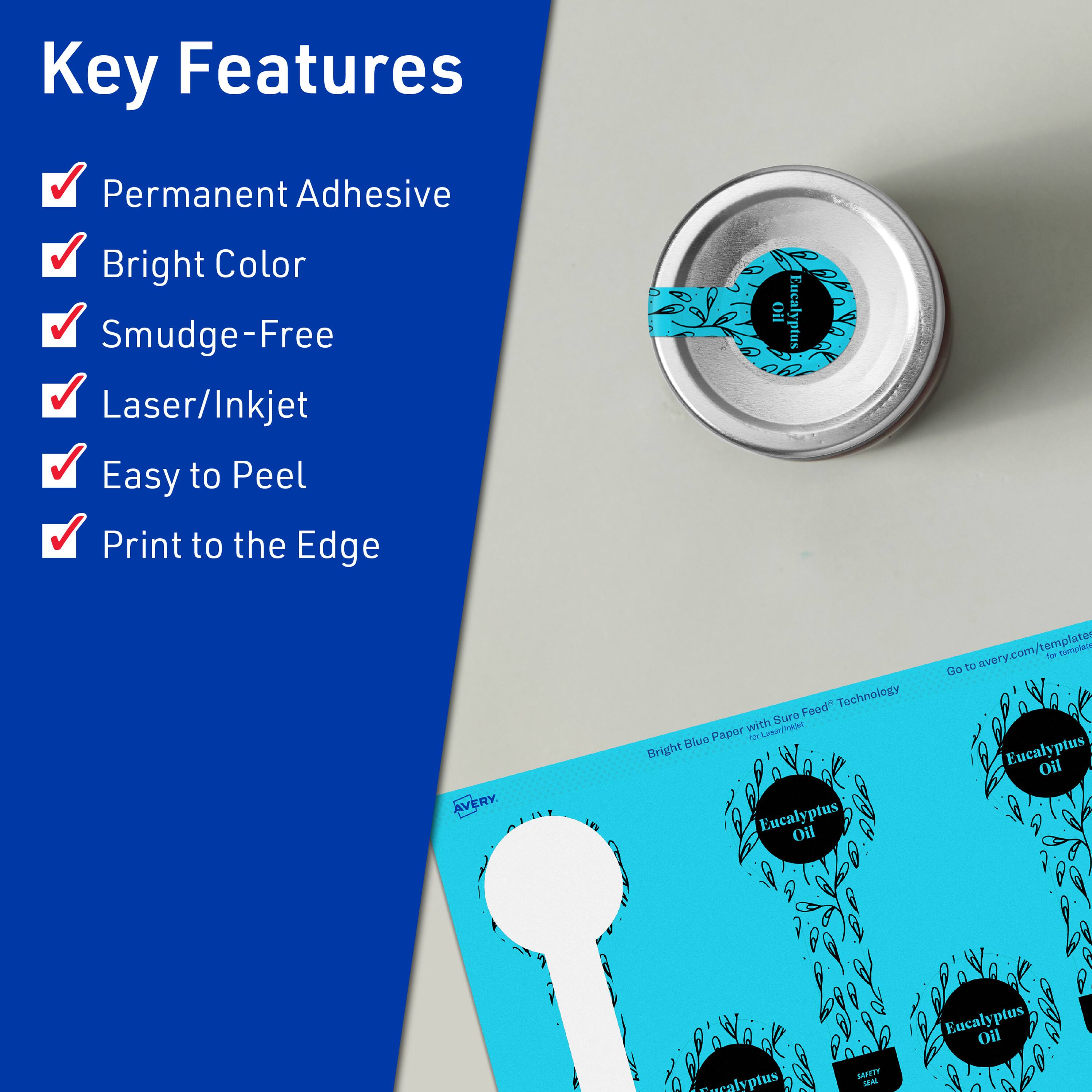 Key Features  
- Permanent Adhesive  
- Bright Color  
- Smudge-Free  
- Laser/Inkjet  
- Easy to Peel  
- Print to the Edge  

Bright Blue Paper with SureFeed™ Technology  

Eucalyptus Oil  

Go to avery.com/templates for templates.
