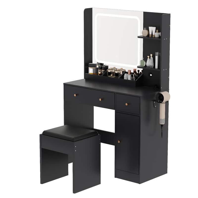 GARVEE - Vanity Table with Lights and Mirror, Power Strip, USB Charging, Drawers, Hair Dryer Holder, Shelves, Stool - Black
