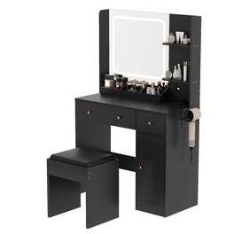 GARVEE - Vanity Table with Lights and Mirror, Power Strip, USB Charging, Drawers, Hair Dryer Holder, Shelves, Stool - Black