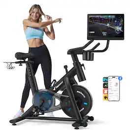 MERACH - S26 Aura Exercise Bike with 1080P HD screen and New RPM Game Mode,speakers,Low Noise,330lbs,Fitness Courses - Black