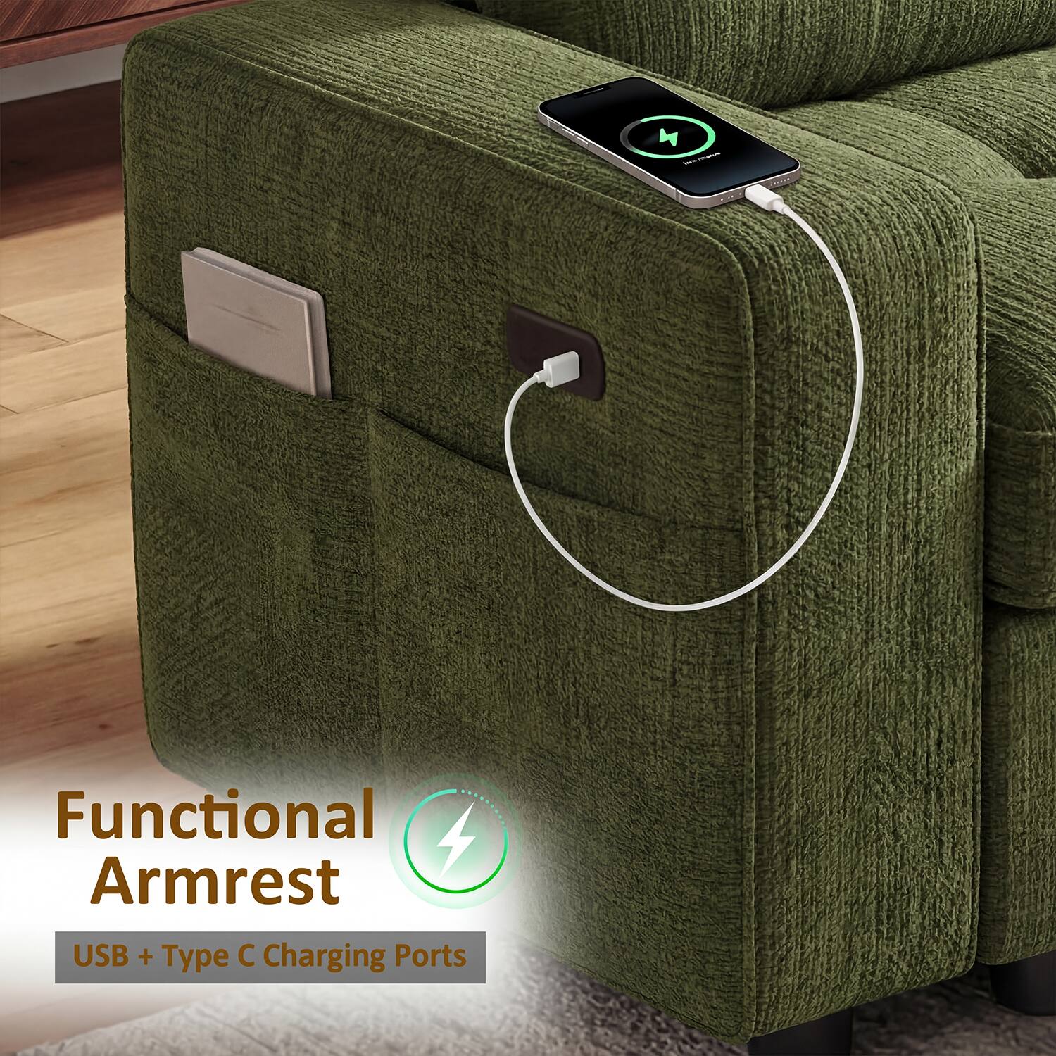 Functional Armrest  
USB + Type C Charging Ports