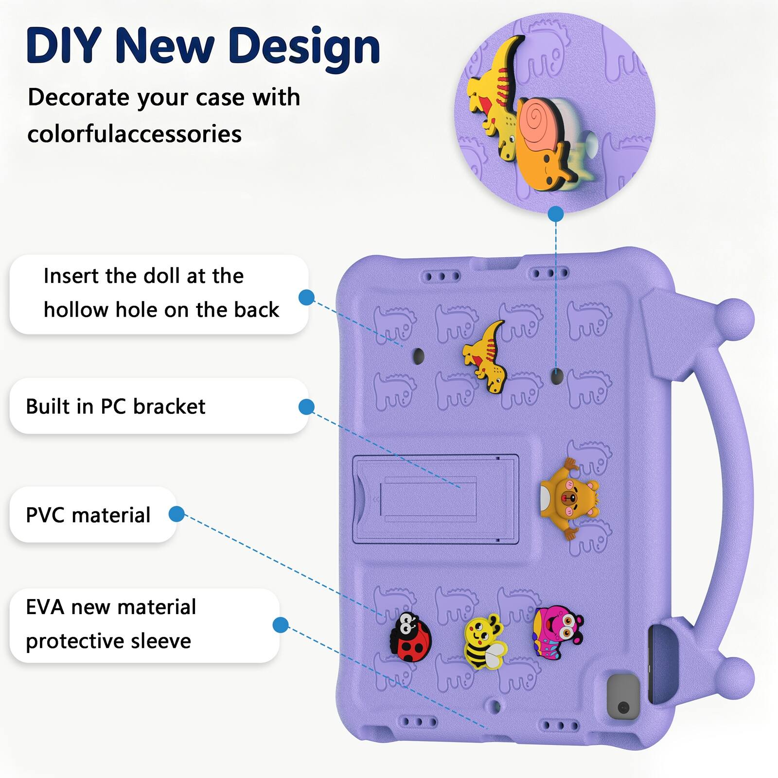 DIY New Design  
Decorate your case with colorful accessories  

Insert the doll at the hollow hole on the back  

Built in PC bracket  

PVC material  

EVA new material protective sleeve