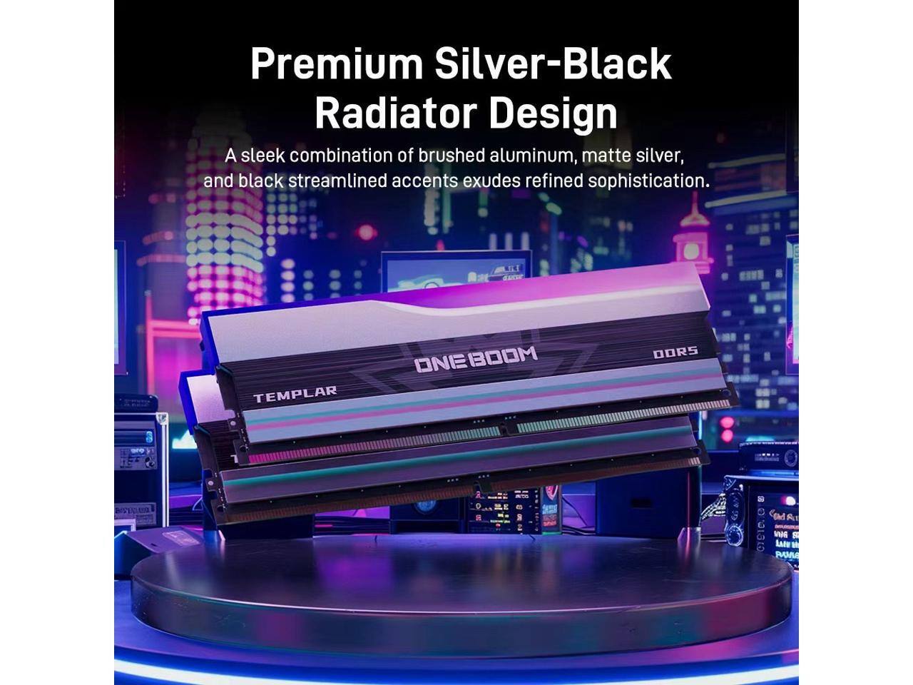 Premium Silver-Black Radiator Design  
A sleek combination of brushed aluminum, matte silver, and black streamlined accents exudes refined sophistication.  

TEMPLAR  
ONEBOOM  
DORS  

2  
28  
6hd Au  
WHA SEC LATE  PAVIS