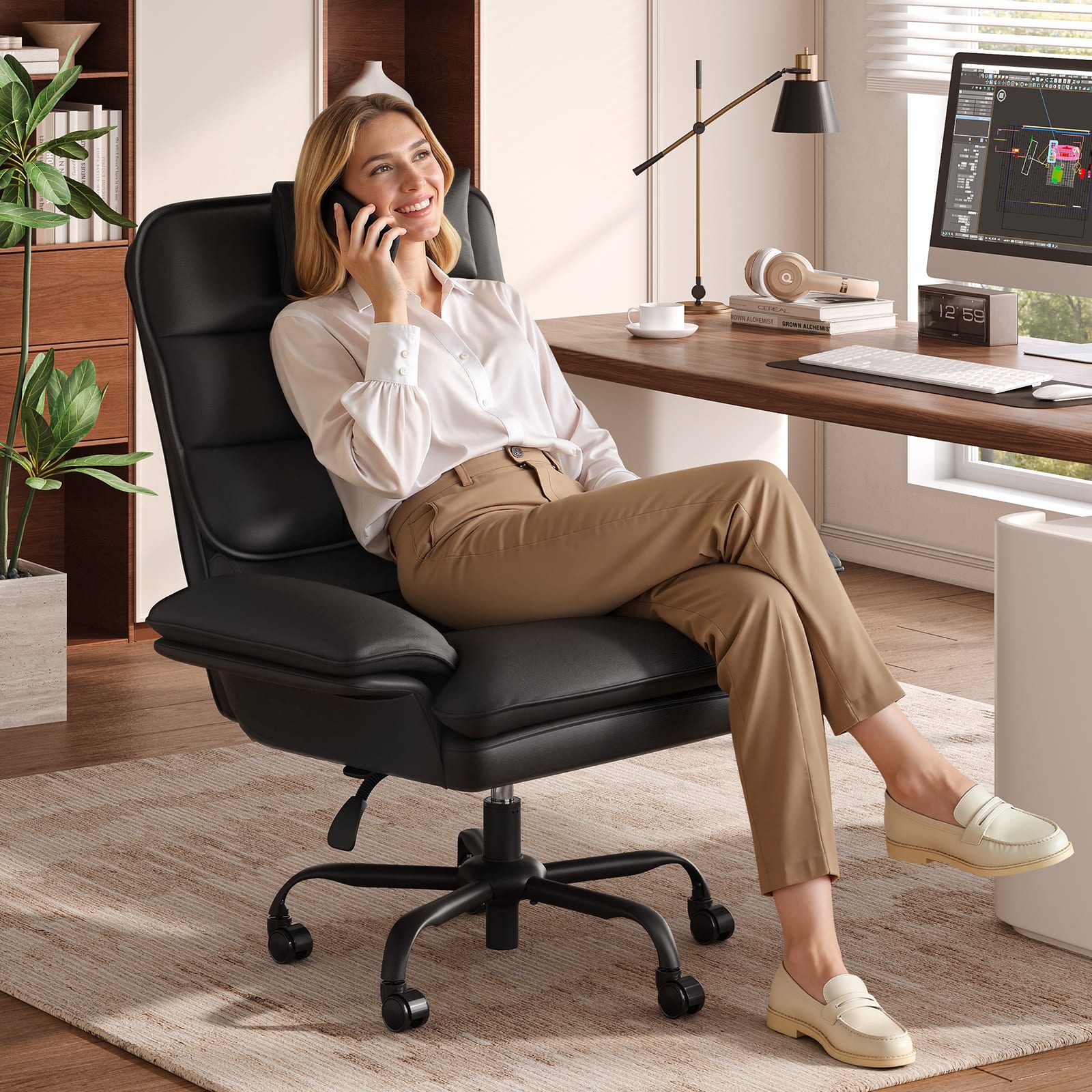 Bestier - Office Cross-Legged Chair with Ergonomic Headrest, Flip-up Armrest & Adjustable Backrset for Home Office - Black PU Leather