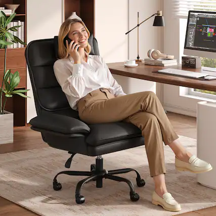Front. Bestier - Office Cross-Legged Chair with Ergonomic Headrest, Flip-up Armrest & Adjustable Backrset for Home Office - Black PU Leather.