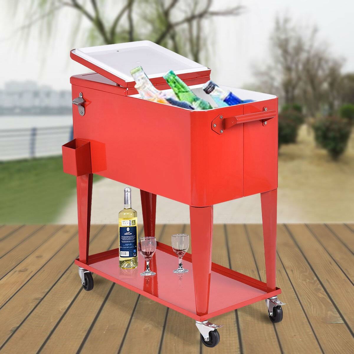 Angle. Hivvago - 80 Quart Red Sturdy Rolling Steel Construction Cooler - Red.