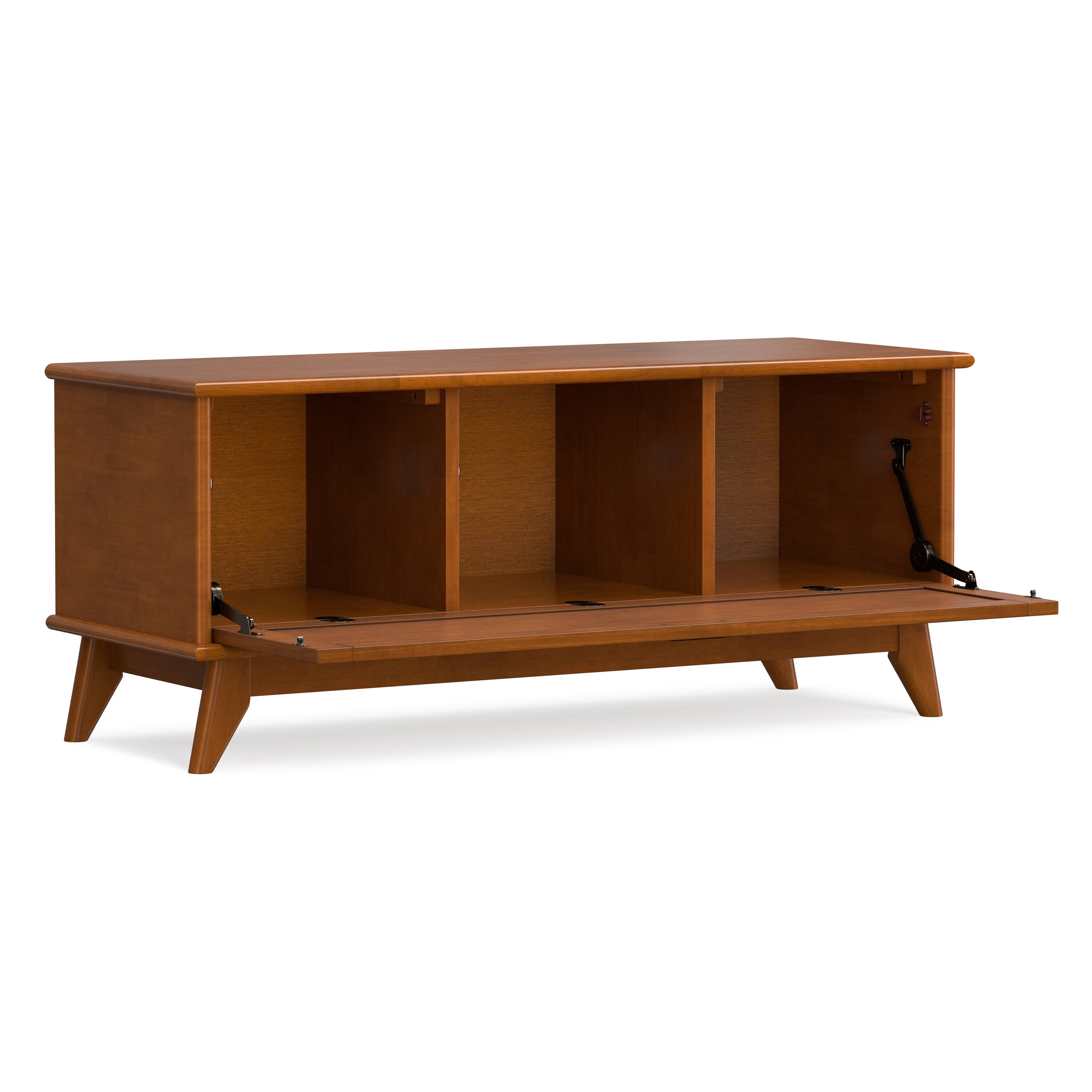 Left. Simpli Home - Draper 44 inch Wide Solid Wood Mid Century Flip-Down Storage Bench in Teak Brown - Teak Brown.