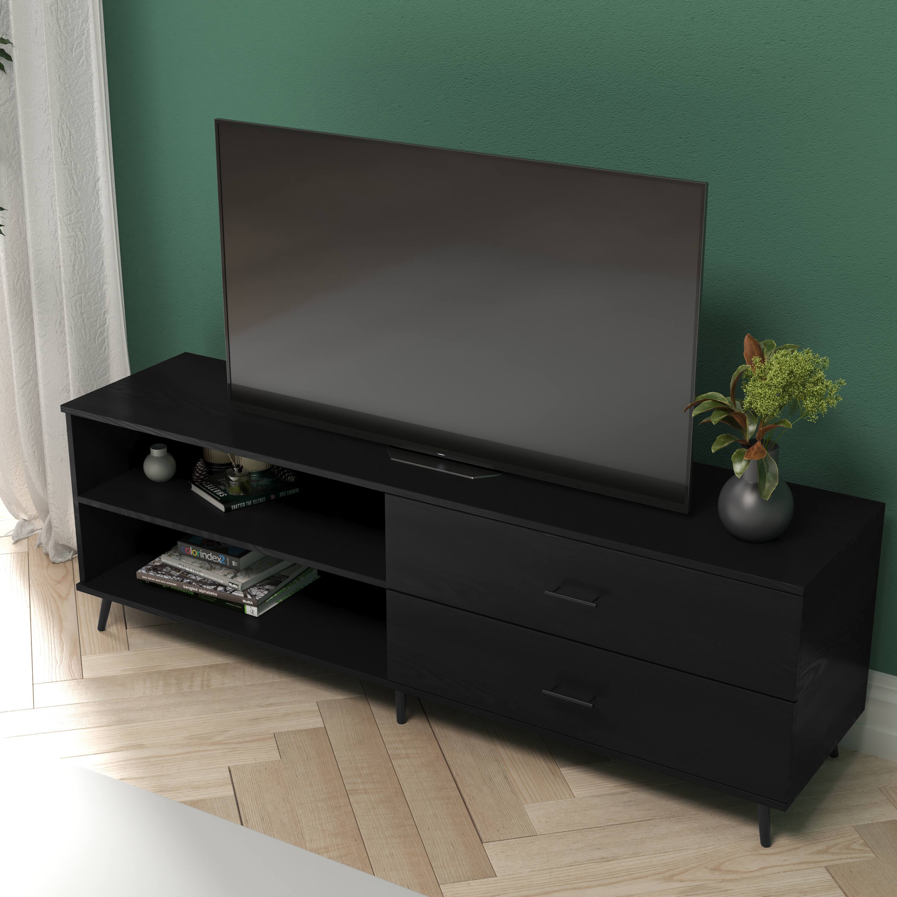 Alt View 3. Emma + Oliver - Galia Mid-Century Modern TV Stand with Drawers and Shelf - Black.