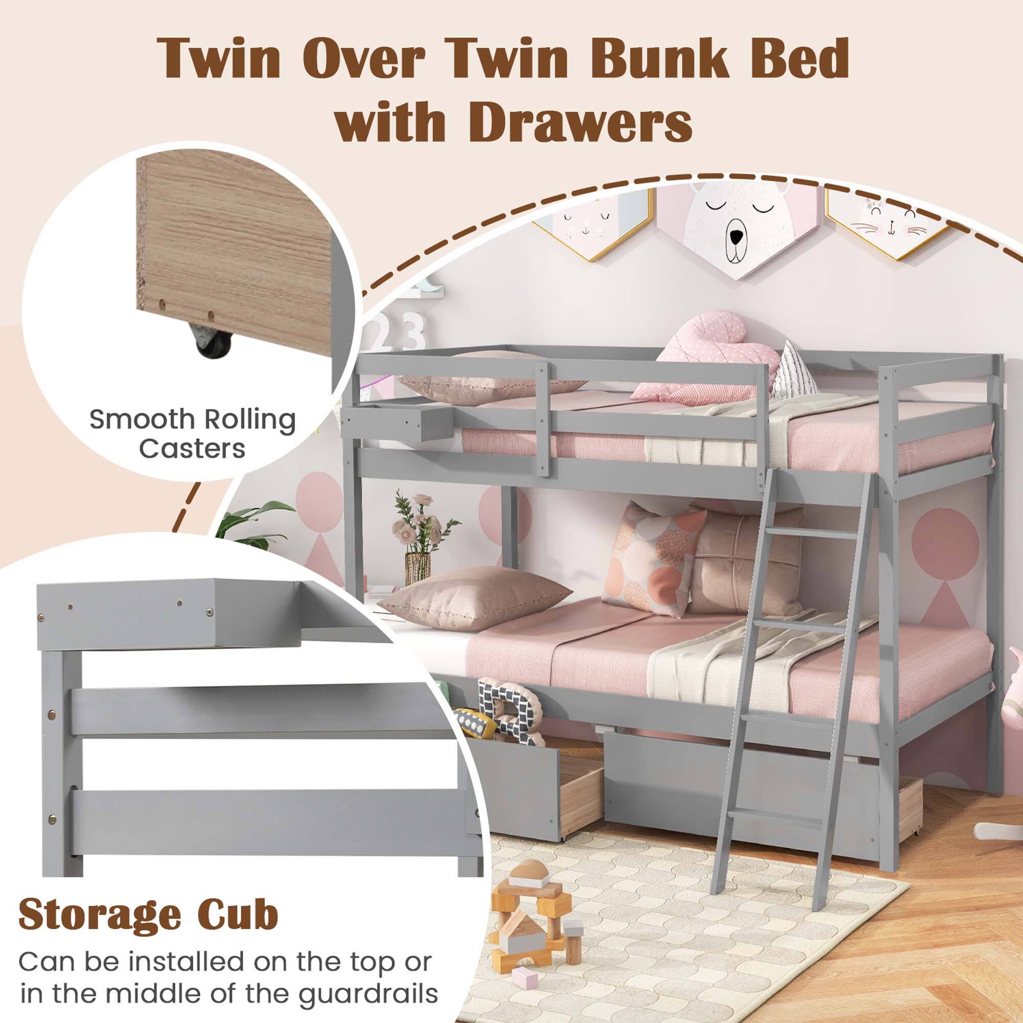 Twin Over Twin Bunk Bed with Drawers: 23 Smooth Rolling Casters Storage Cub Can be installed on the top or in the middle of the guardrails.