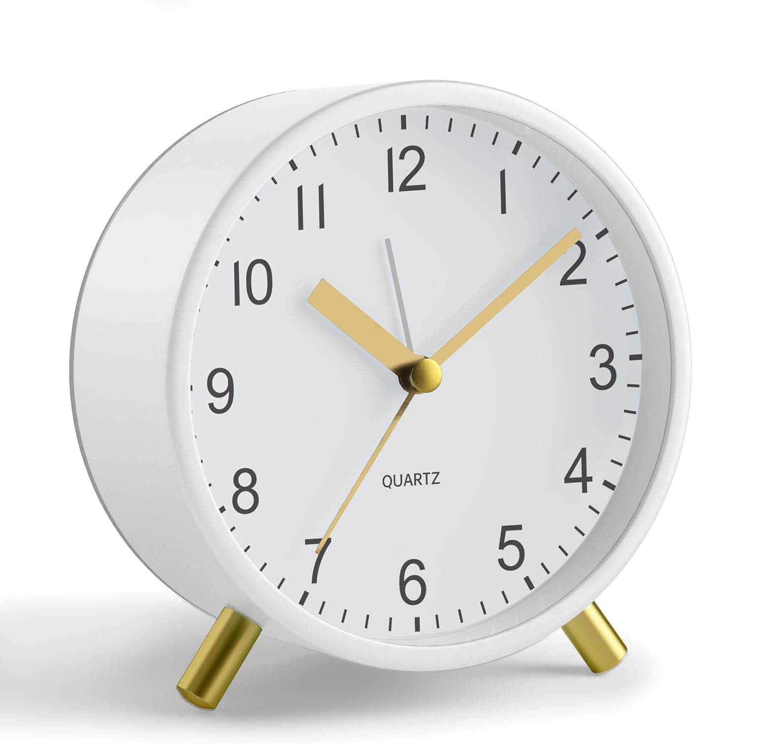 FINEAK - 4" Silent Non-Ticking Analog Alarm Clock with Night Light, Battery Operated, Easy Setting, White - White;Gold