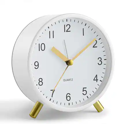 Front. FINEAK - 4" Silent Non-Ticking Analog Alarm Clock with Night Light, Battery Operated, Easy Setting, White - White;Gold.