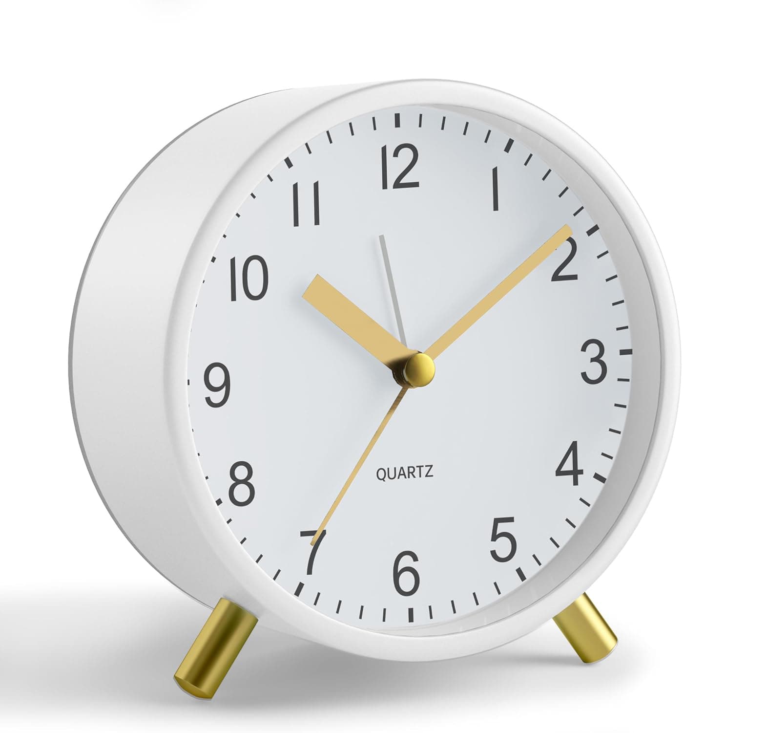 Front. FINEAK - 4" Silent Non-Ticking Analog Alarm Clock with Night Light, Battery Operated, Easy Setting, White - White;Gold.