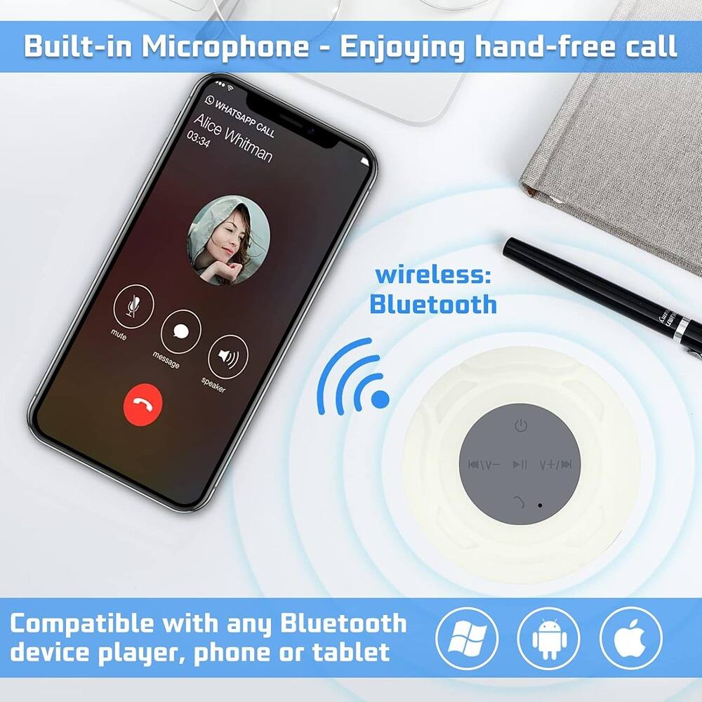 Built-in Microphone - Enjoying hand-free call

Alice Whitman
03:34 CALL

wireless: Bluetooth

Compatible with any Bluetooth device player, phone or tablet