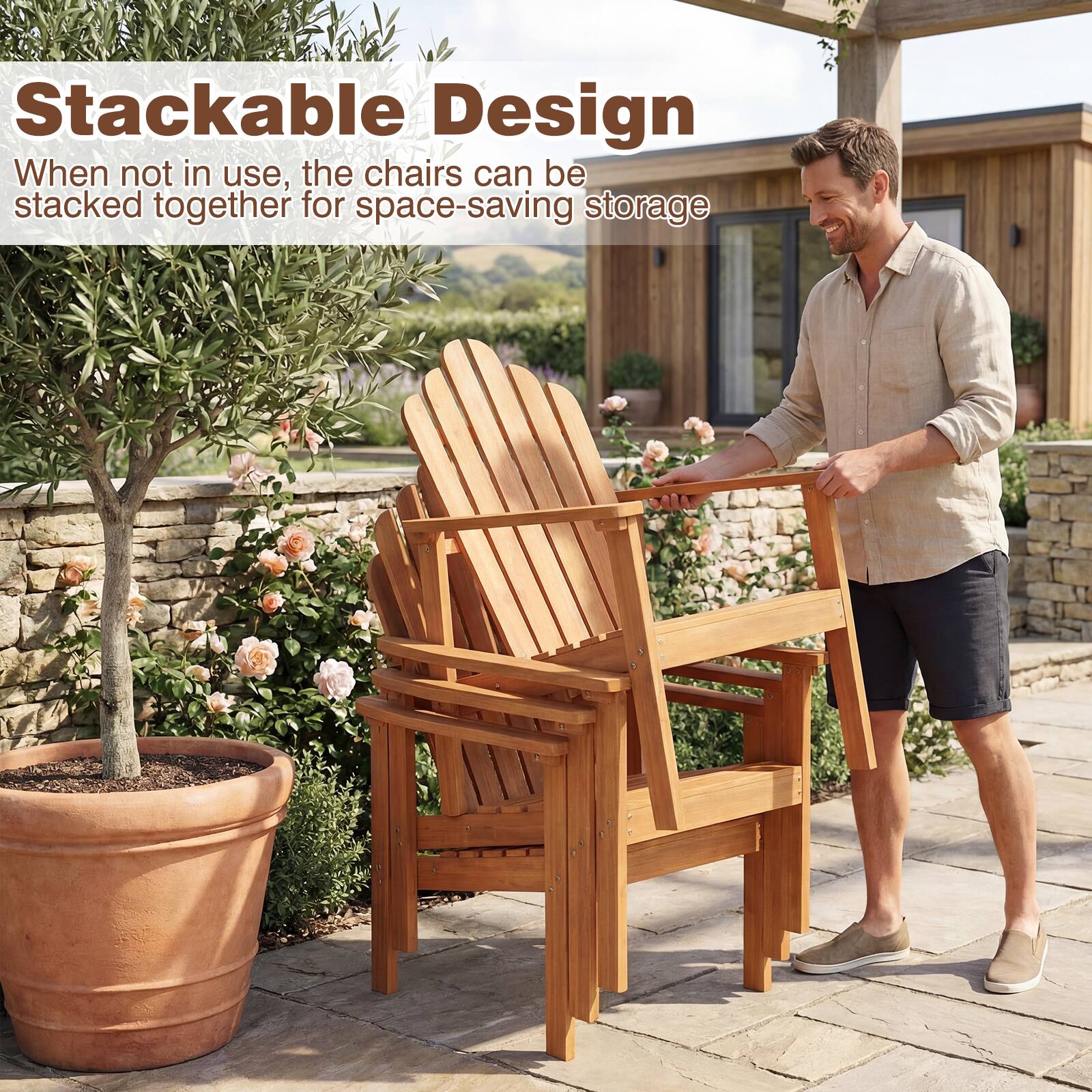 Stackable Design  
When not in use, the chairs can be stacked together for space-saving storage
