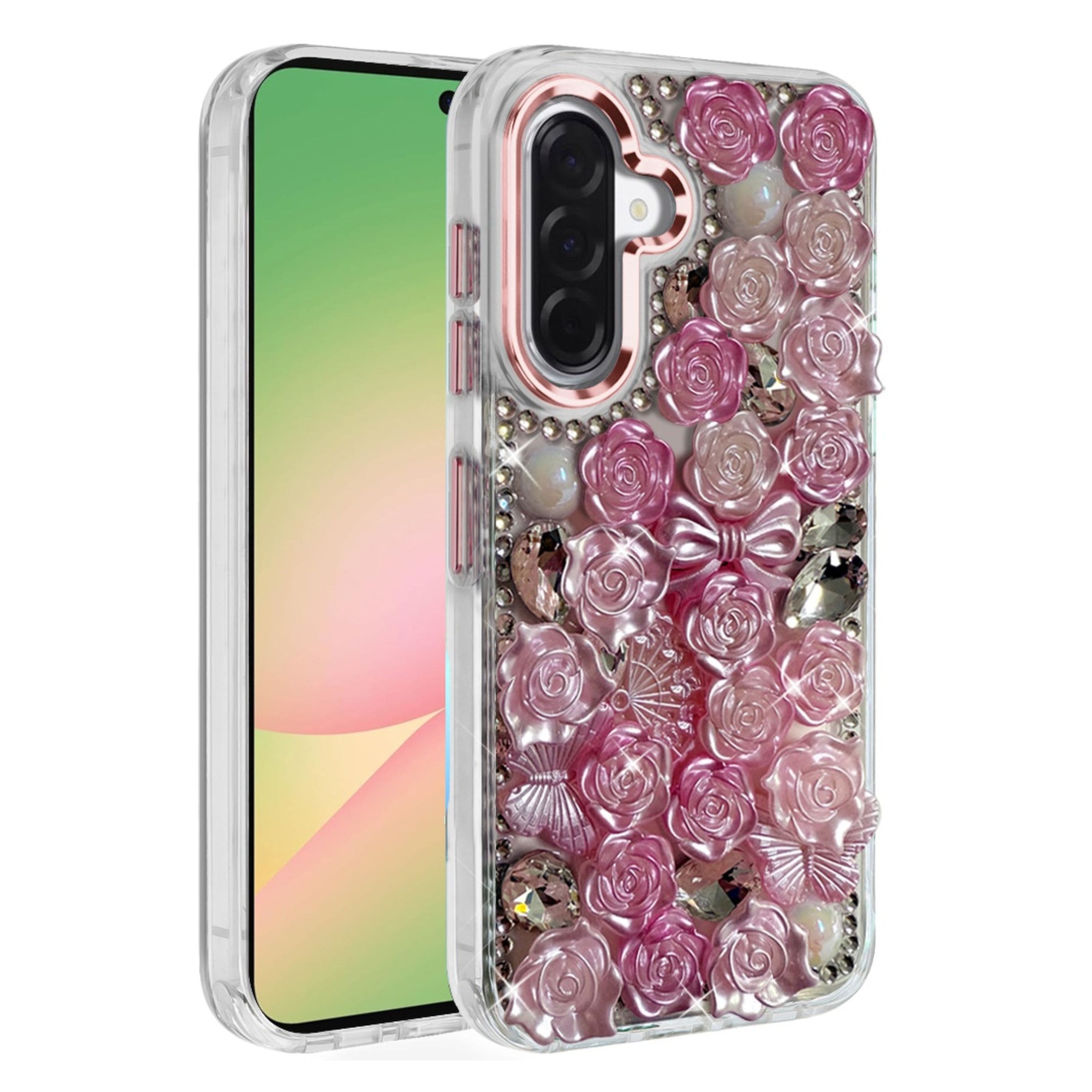 Kitcheniva - Roses Arrangement 3D Bling Design Phone Case With Tempered Glass For Samsung Galaxy A57 5G - Pink