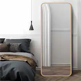 BreeBe - 64 in Full Length LED Mirror 3-Color Dimmable Lights Gold Frame Standing/Hanging Floor Mirror for Bedroom & Bridal Shop - Golden