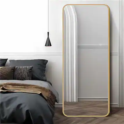 Front. BreeBe - 64 in Full Length LED Mirror 3-Color Dimmable Lights Gold Frame Standing/Hanging Floor Mirror for Bedroom & Bridal Shop - Golden.