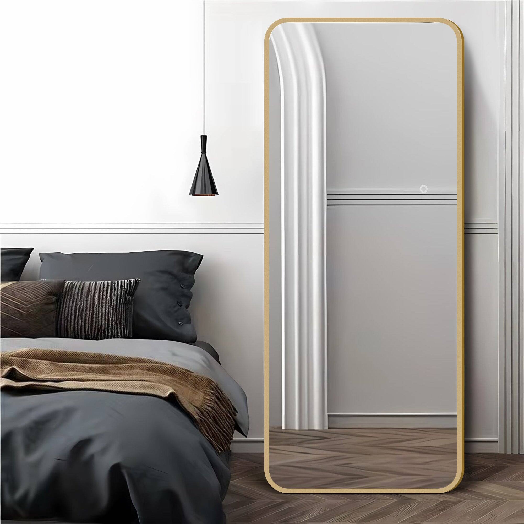 Front. BreeBe - 64 in Full Length LED Mirror 3-Color Dimmable Lights Gold Frame Standing/Hanging Floor Mirror for Bedroom & Bridal Shop - Golden.