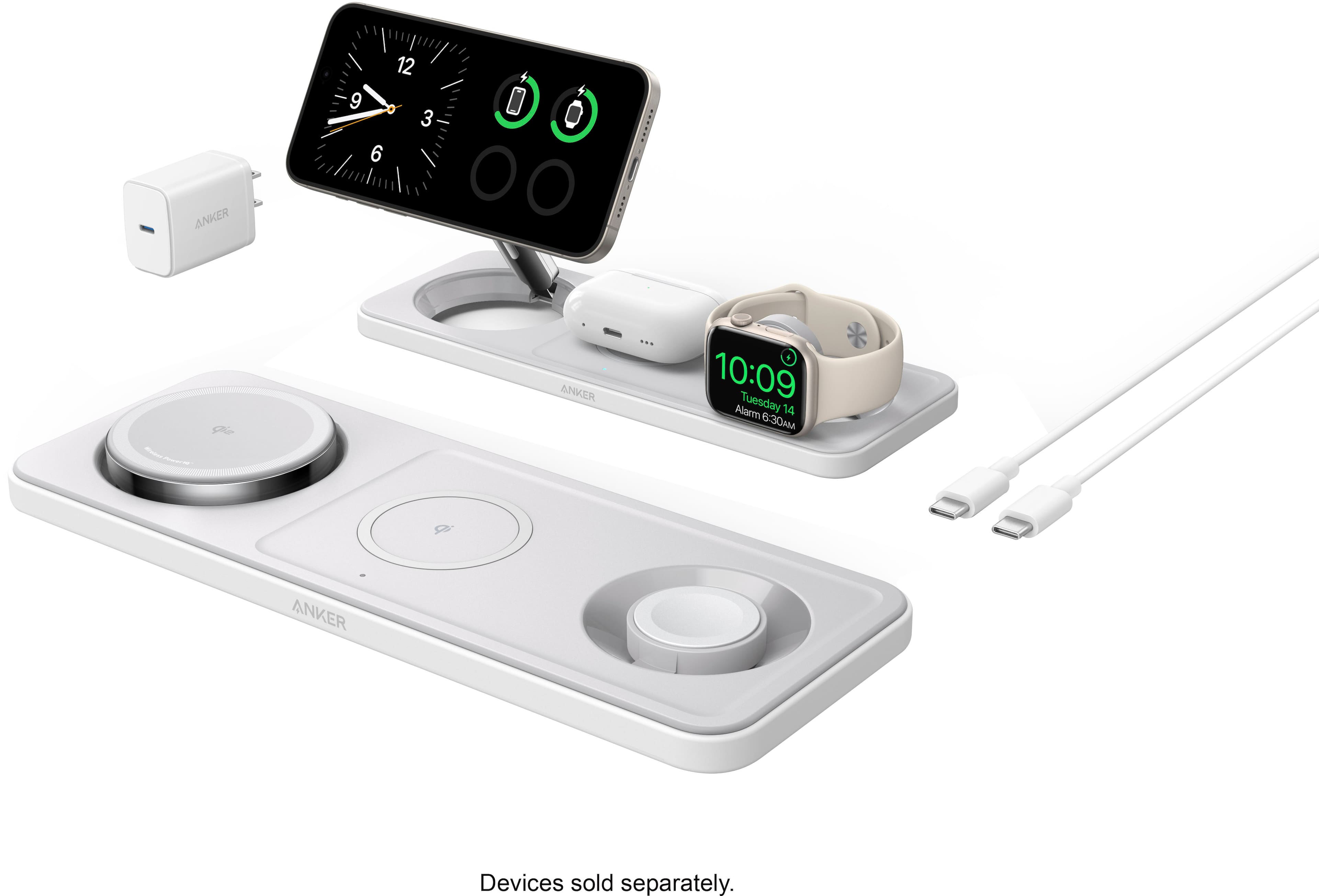 The text on the image reads: "ANKER - ANKER 10:09 Alarm Tuesday 14 6:30 AM." This text is grouped and corrected to read: "ANKER - ANKER 10:09 Alarm Tuesday 14 6:30 AM. Devices sold separately."