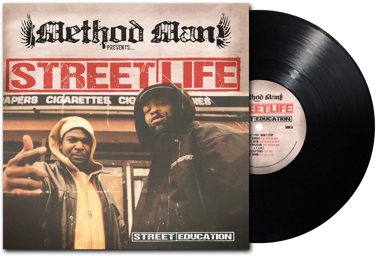 Method Man PRESENTS...  
STREET LIFE  
PAPERS CIGARETTES CIG  
STREET EDUCATION  

SIDE A  
STOP. WON'T STOP  
NIGGAS FEAT. METHOD MAN  
BORN FEAT. IMPERIAL DECK  
EDUCATION FEAT. METHOD MAN  
SCRAPIONS FEAT. METHOD MAN  
DOWN FEAT. GZA  

SIDE B  
STREET EDUCATION