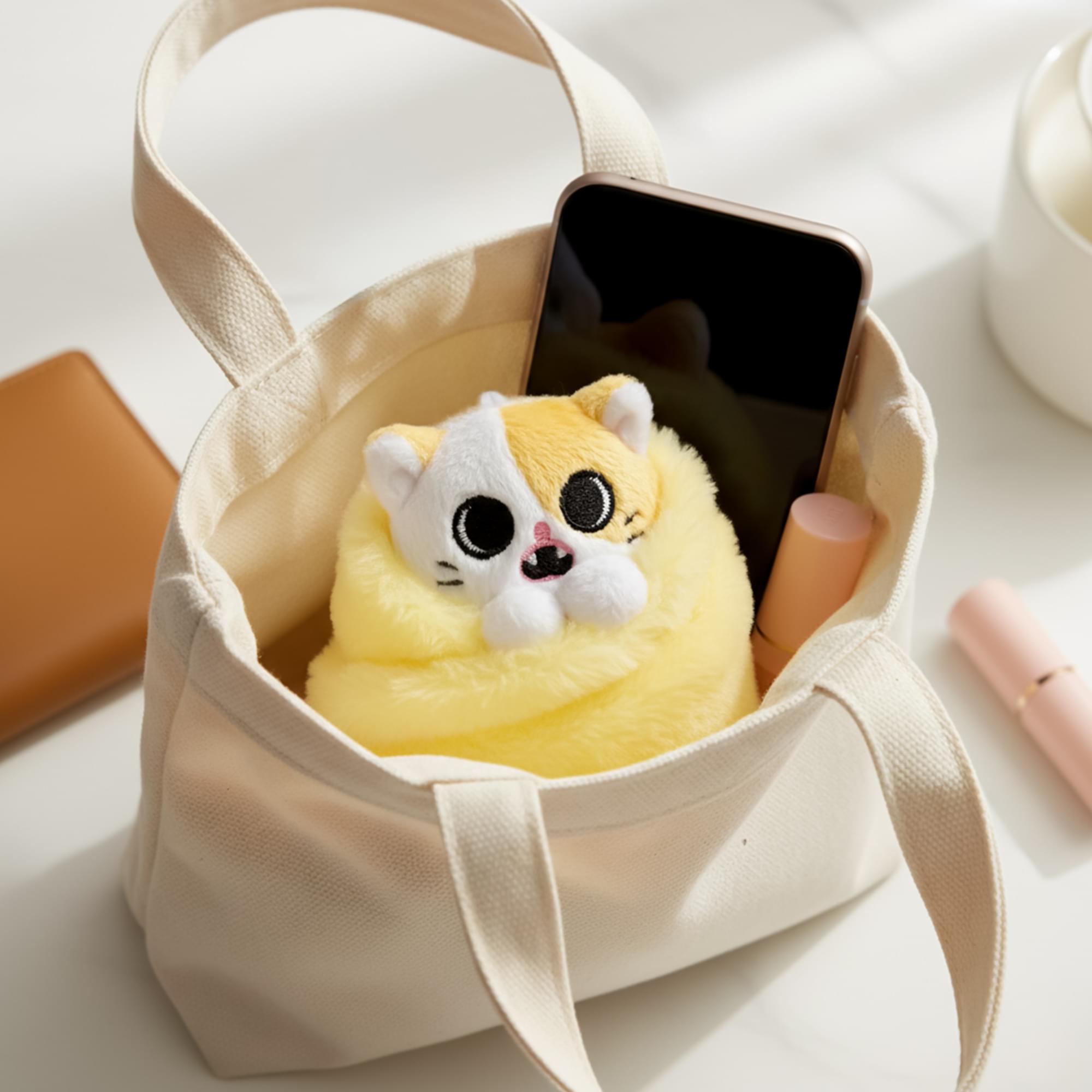 Alt View 2. Uncute - Purritos 3 Inch Cat In Blanket Plush Key Ring - Pork Bun - Beige.