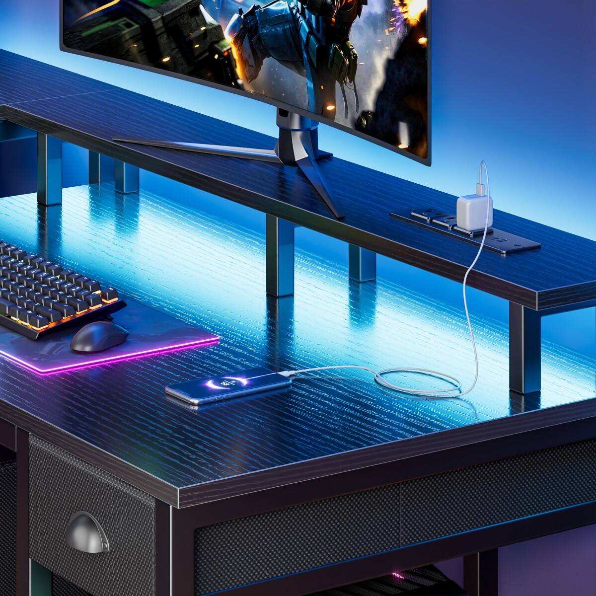 Alt View 6. Furnulem - L Shaped Gaming Desk with LED Lights Power Outlet Fabric Drawers Reversible Corner Computer Desk for Home Office - Black.